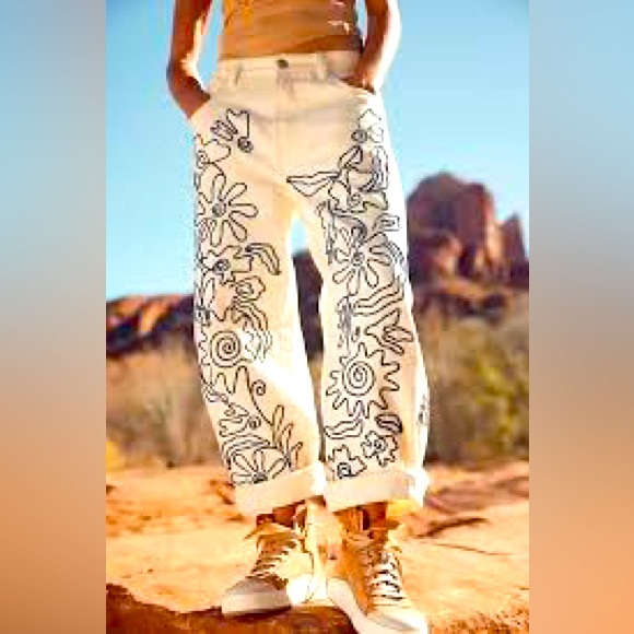 Free People Denim - Free People White Wide Leg Jeans with Black Floral Doodle Print